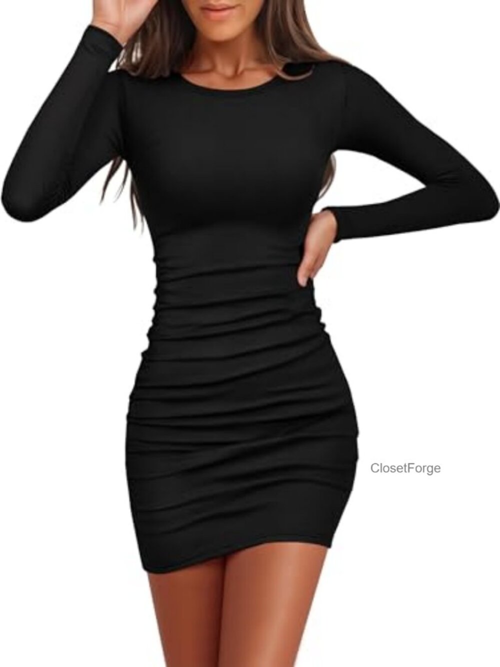 Ribbed Knit Long Sleeve Bodycon Mini Dress - Crewneck Slim Fit